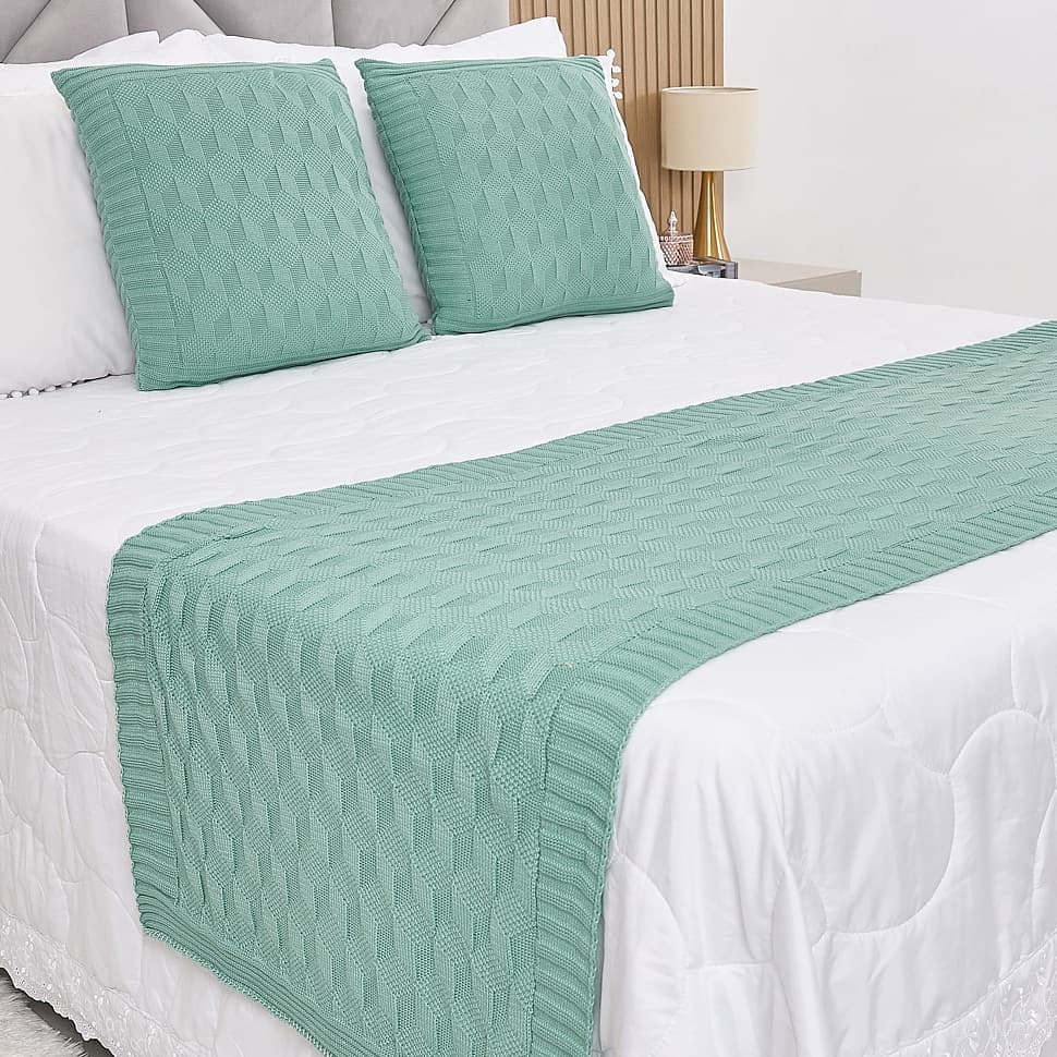 Kit Peseira Manta Tricot Cama Casal Queen King Efeito 3D + 2 Capas Almofadas