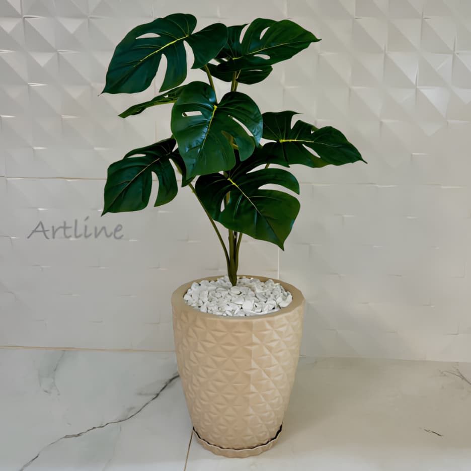 Planta Artificial Croton/Costela de Adão ou Bambu da Sorte com Vaso Decorativo Diamante 3D N°2