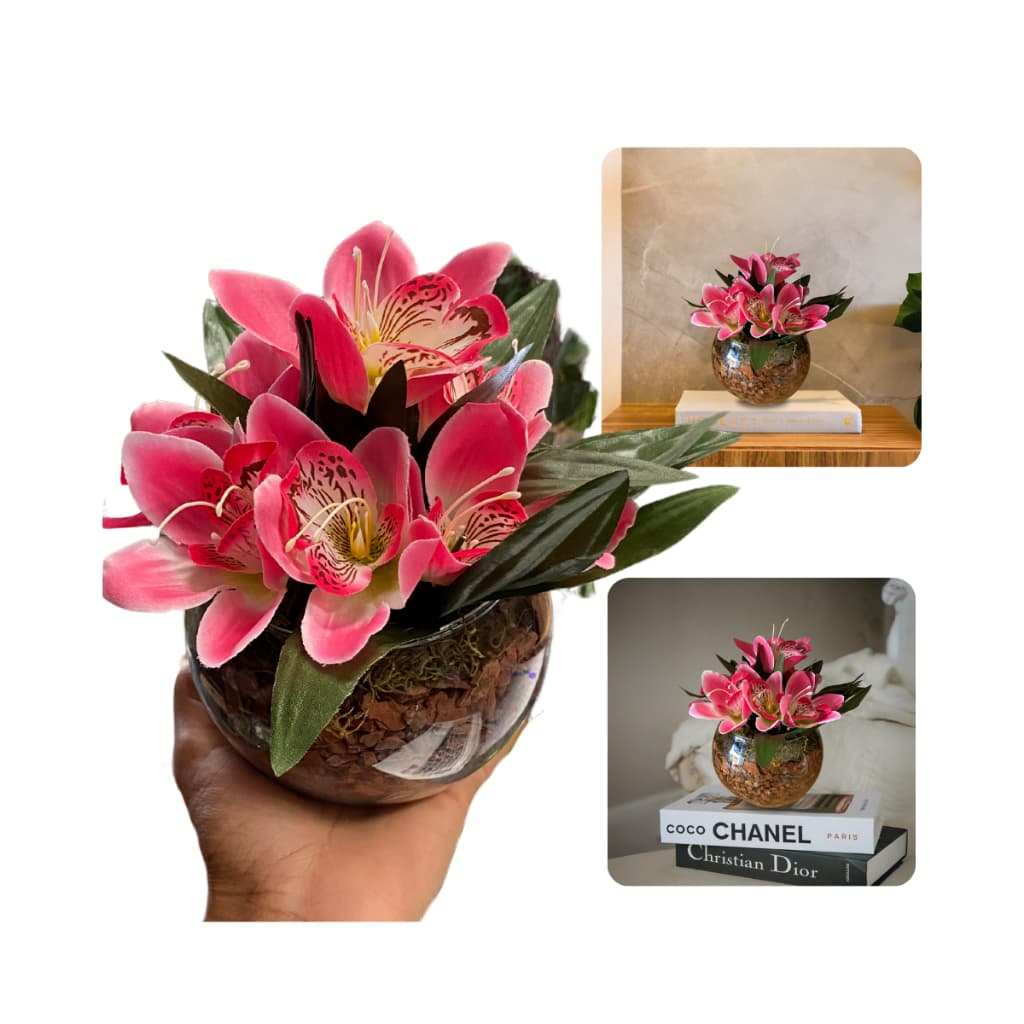 Arranjo Centro Mesa Completo Mini Orquídea Realista Artificial com Vaso de vidro Guilherme's Plantas