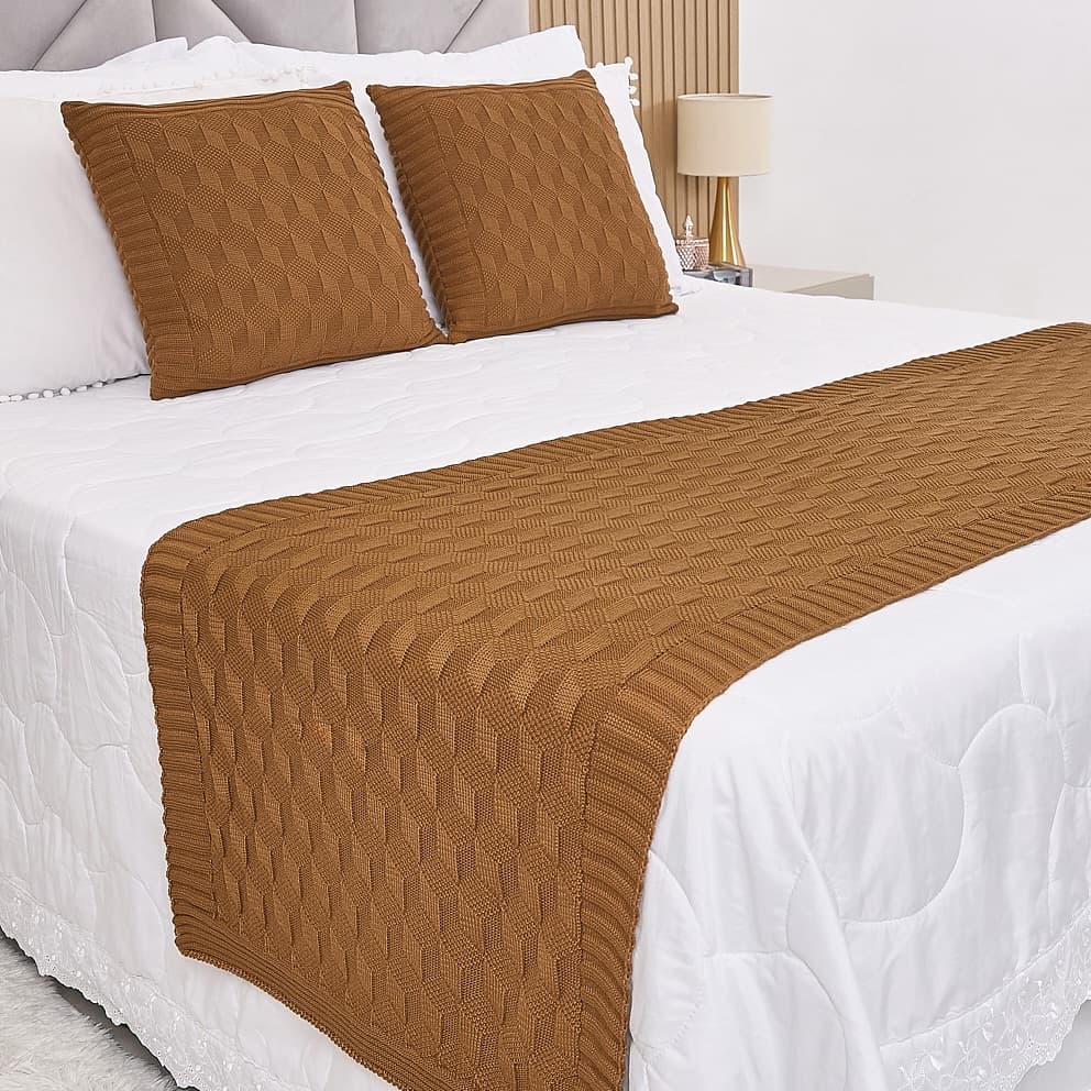 Kit Peseira Manta Tricot Cama Casal Queen King Efeito 3D + 2 Capas Almofadas