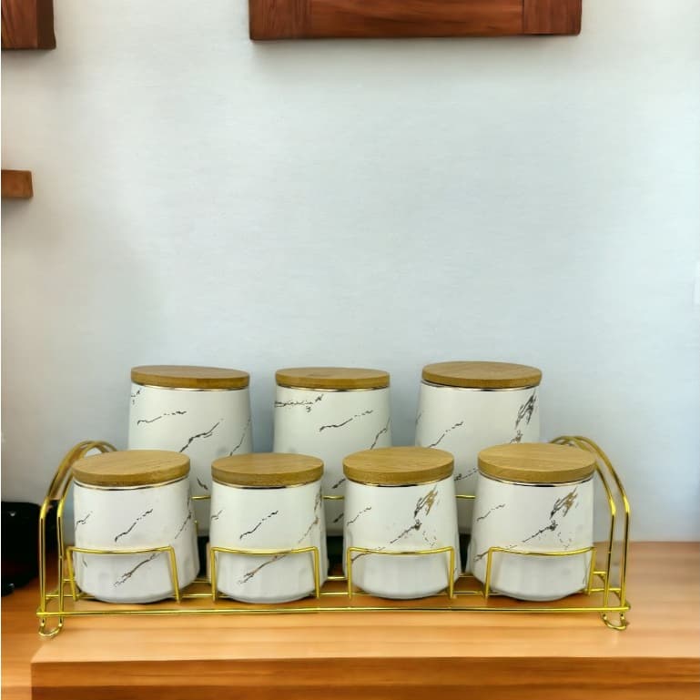 Conjunto de Cerâmica Marmorizada Branco com Bandeja Dourada - 8 Peças