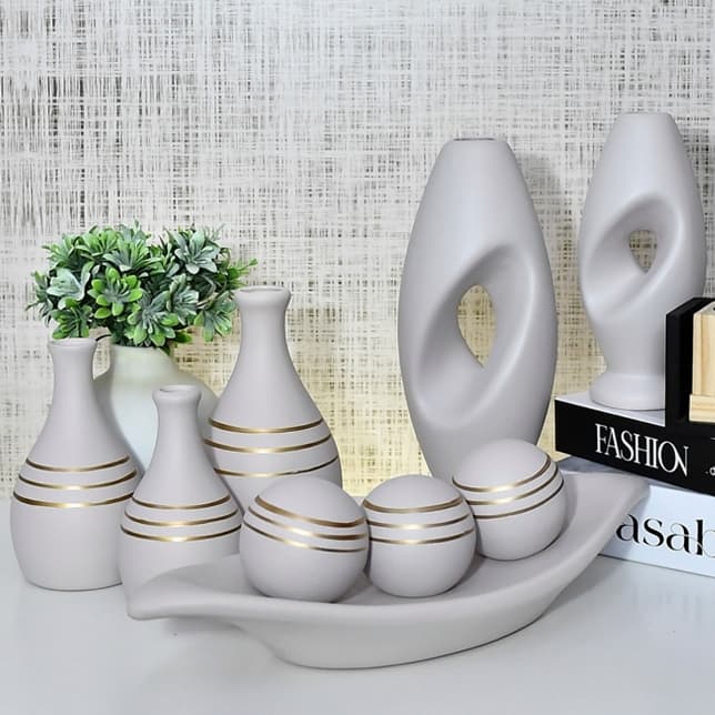 Conjunto 9 Peças Vasos Kit Cerâmica Enfeite Sala Completo Decorativas Trio Rack Centro Mesa Cozinha