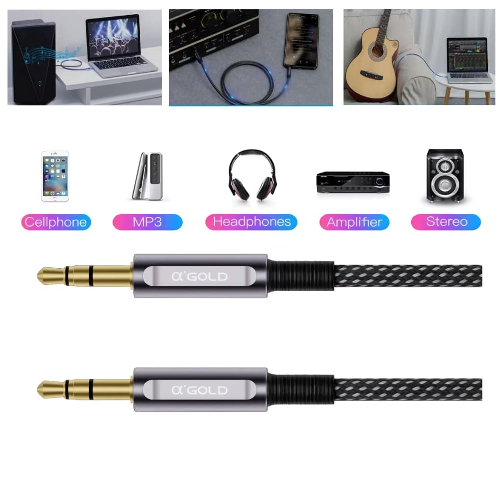 Cabo de Áudio Hi Fi Gold P2/P2 3,5mm Estéreo Premium Forte e Resistente Trançado em Nylon e Algodão De 1 Metro Envio SP