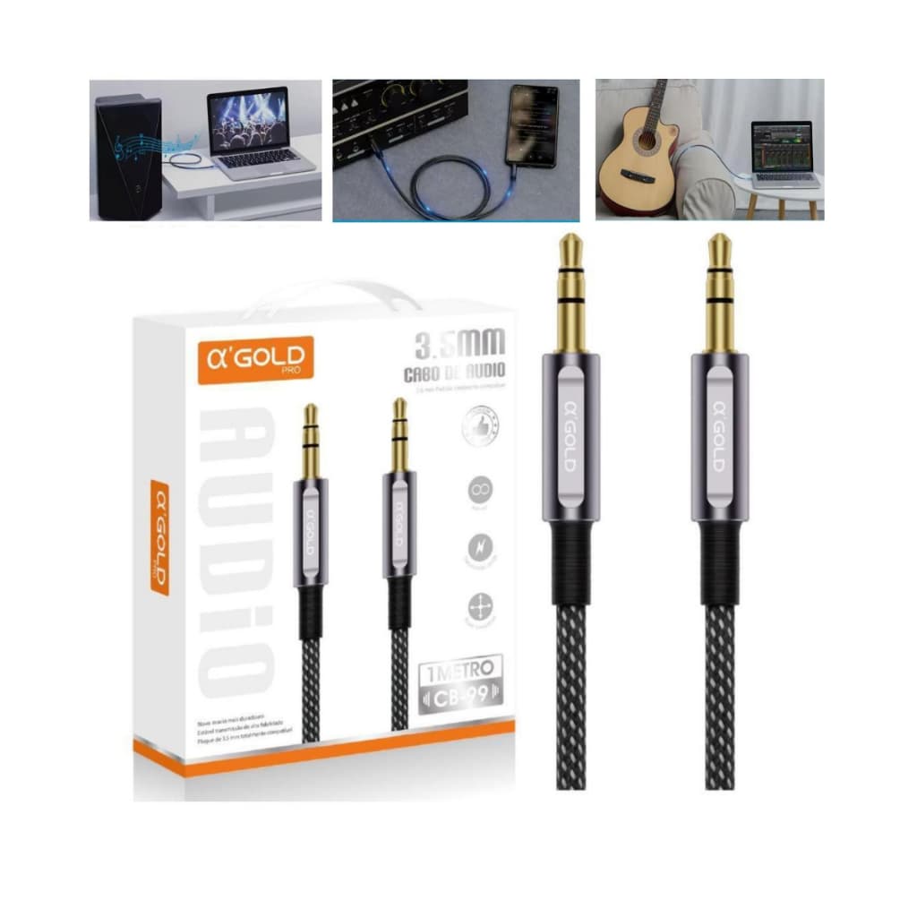 Cabo Auxiliar A Gold P2 3,5mm Hi Fi Estéreo Premium Forte e Resistente Trançado em Nylon e Algodão De 1 Metro