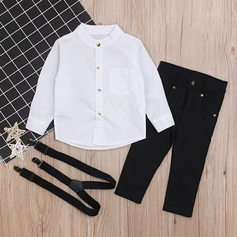 Conjunto infantil, calça e camisa com suspensório para batizado, pagem, masculino camisa manga longa calça suspensório