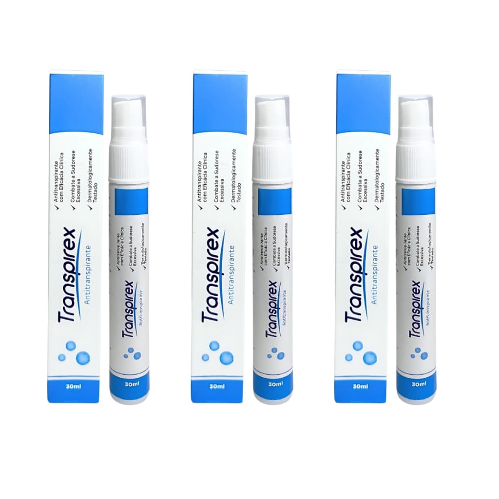 Kit 03 Unidades Transpirex Desodorante 30ml Antitranspirante Inodor Ajuda na Hiperidrose