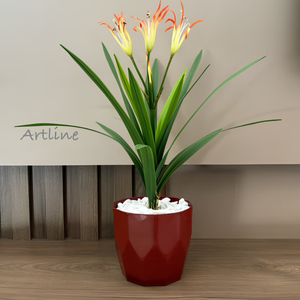Planta Artificial Ultra Realista com Vaso Decorativo Cachepô Facetado Injetado(VASO+PLANTA+ARGILA+PEDRAS BRANCAS)
