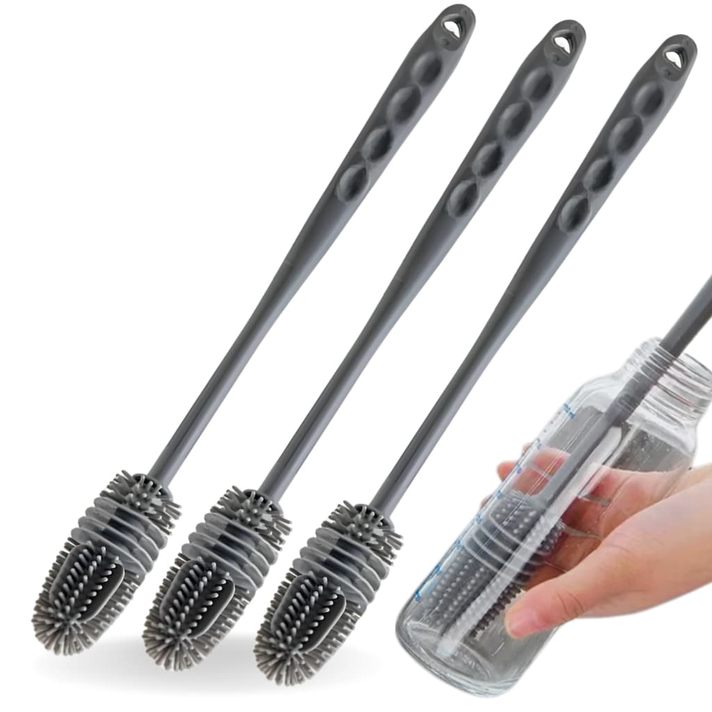 Escovas de Silicone para lavar Mamadeiras, Garrafas e Copos – Cabo Longo Flexível, Remove a Sujeira Sem Riscar, 3 un.