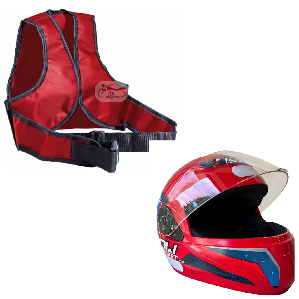 Cinto De Segurança Colete Infantil Moto Vermelho + Capacete 54 Infantil