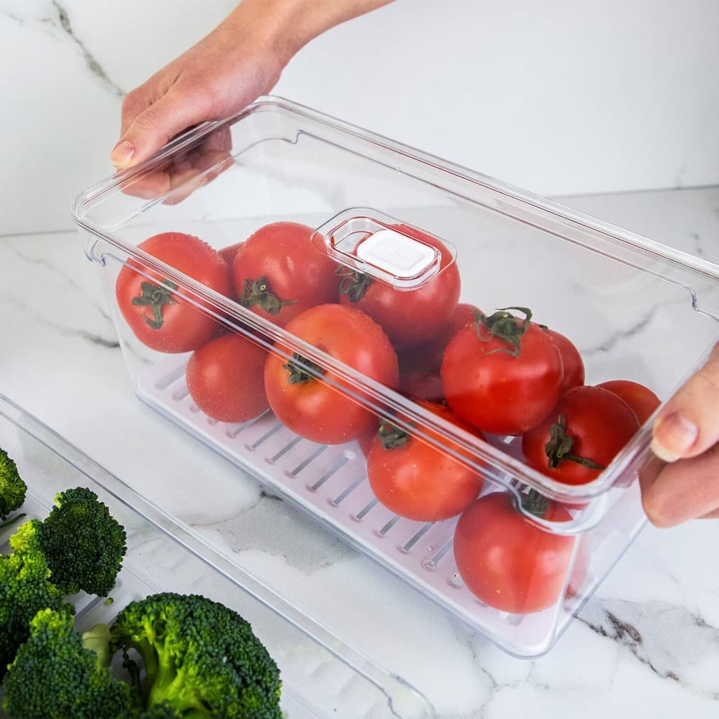 Organizador Empilhável Grande Para Geladeira Com Tampa Clear Fresh 5L Com Tampa e Bandeja de Drenagem de Líquidos