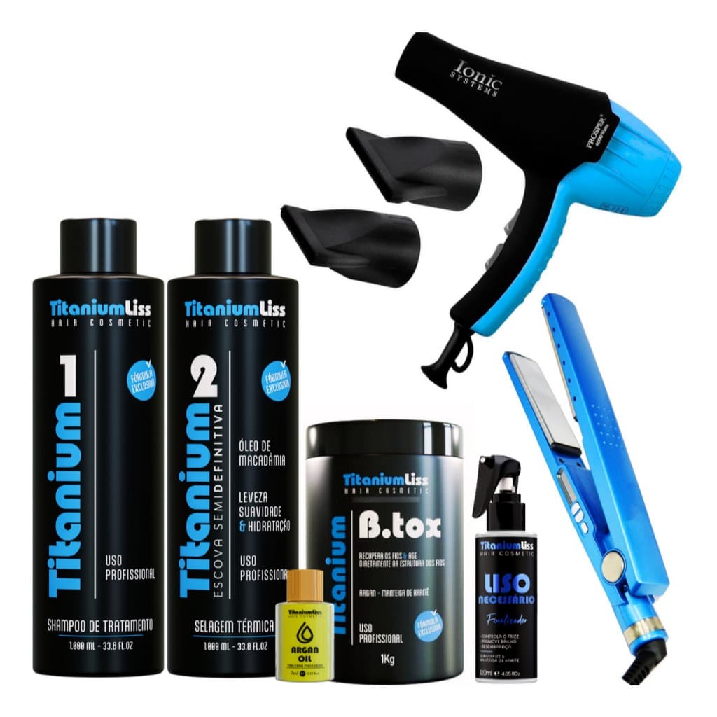 Kit Semi Definitiva Titanium Liss 2x1 + Btox 1kg + Liso + Secador 8600w Profissional + Chapinha Nano
