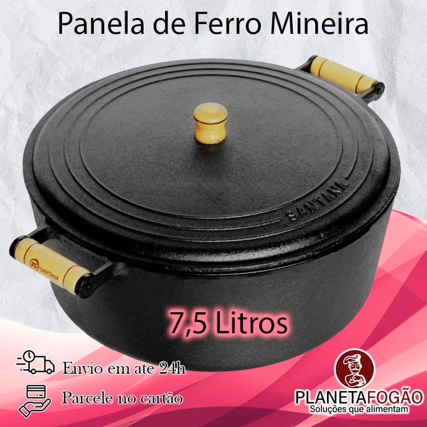 Panela De Ferro Fundido G 30cm Caçarola Alças de Madeira com Tampa de Ferro 7,5 Litros Santana