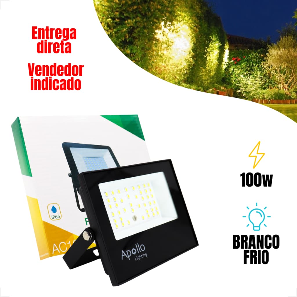 Refletor Projetor 100W Led Branco Frio 6500K Bivolt IP66 Holofote Luminária Led Externa Galpão