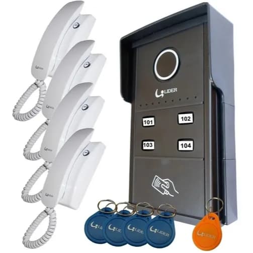 Interfone 4 Pontos Porteiro Coletivo Rfid + 4 Fones + 5 Tags