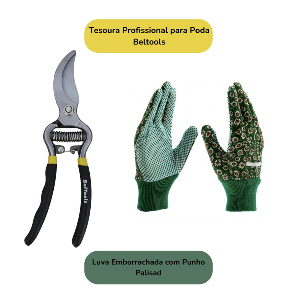 Luva Jardinagem Emborrachada + Tesoura Poda Profissional Kit Jardinagem