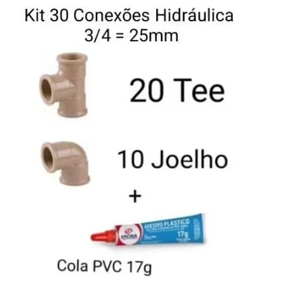 Kit  Conexões 25mm=3/4 20 Tee 10 Joelho 1Cola PVC 17g  30 Pecas KRONA