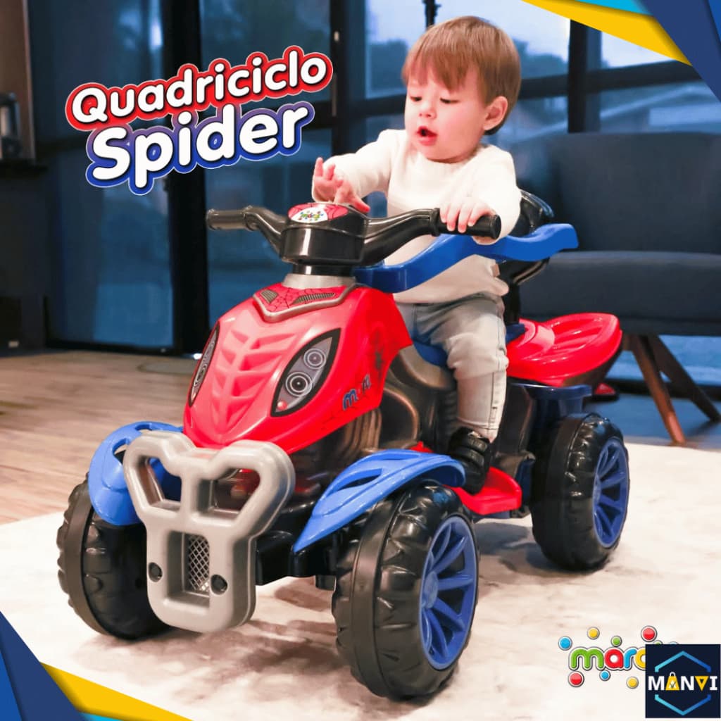 Carrinho Quadriciclo Motoquinha Triciclo Infantil c/ Empurrador Spider Colorido Menino Até 30kg