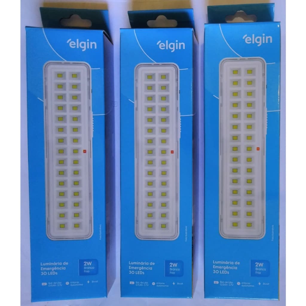 KIT 3 Luminárias de Emergência Elgin 30 LEDS, 2W, Bateria de Lítio, BIVOLT 110/220V Recarregável