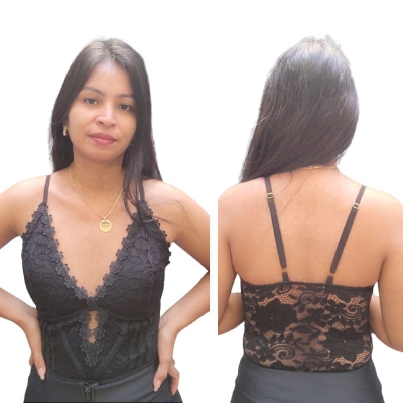 Blusa de Alcinha Feminina Body Feminino Renda Decotado V Com Bojo