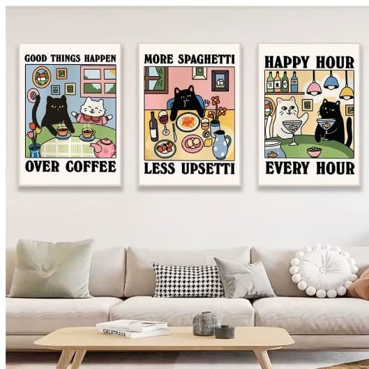 Quadros decorativos Engraçado Gato Abstrato Pôsteres Cozinha (3 peças)