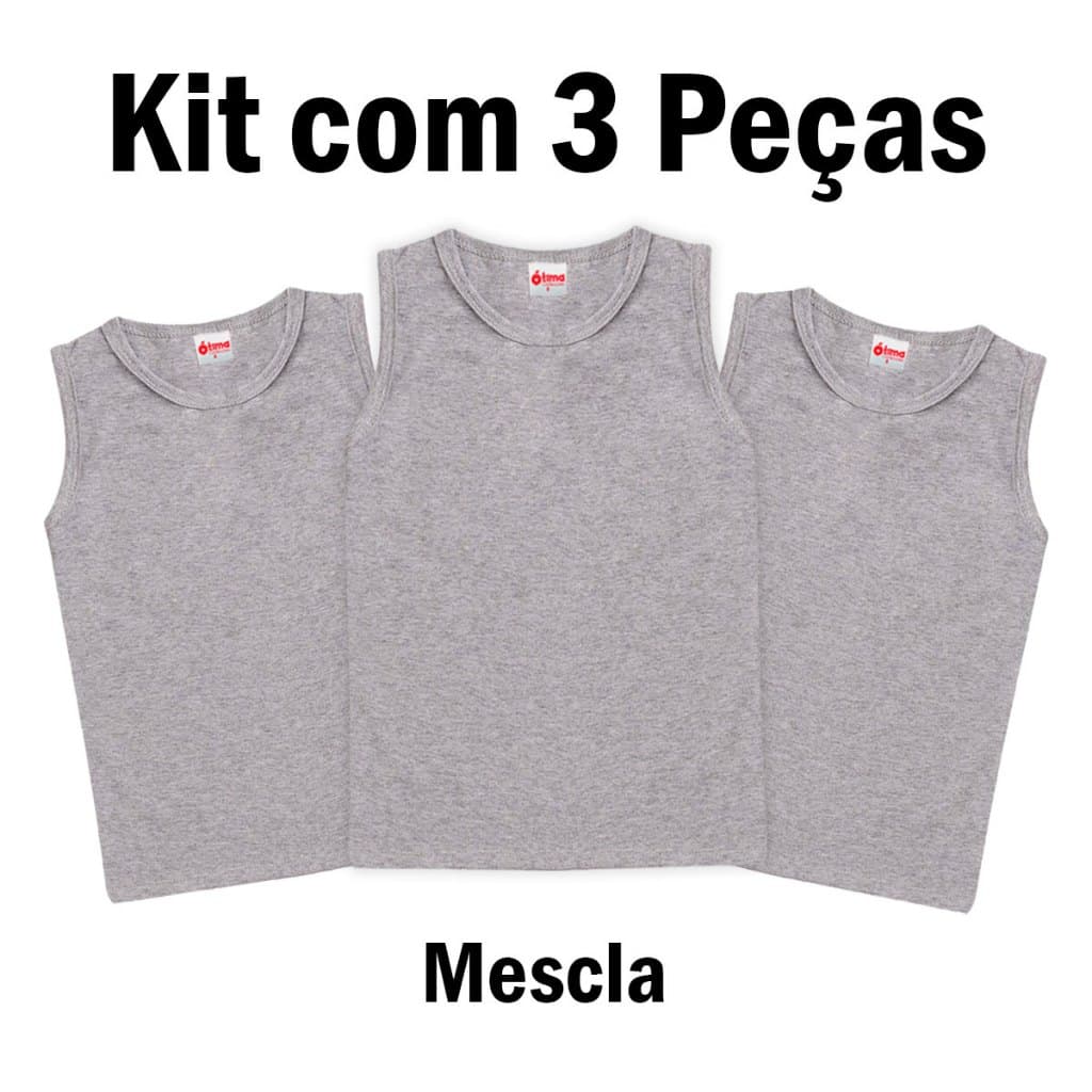 kit 3 Camisetas Regata Escolar Cinza Mescla