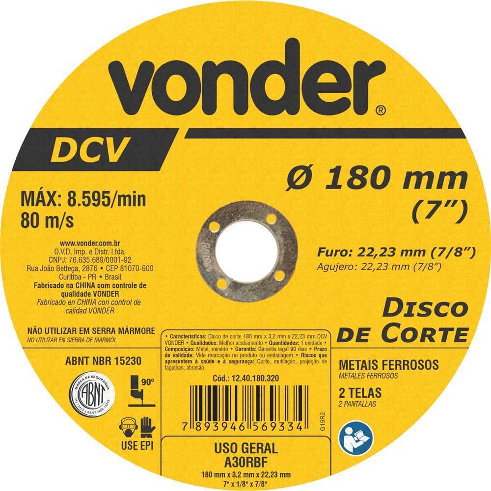 Kit 5 Disco De Corte 180 Mm X 22,23 Mm X 3,2 Mm Dcv Vonder