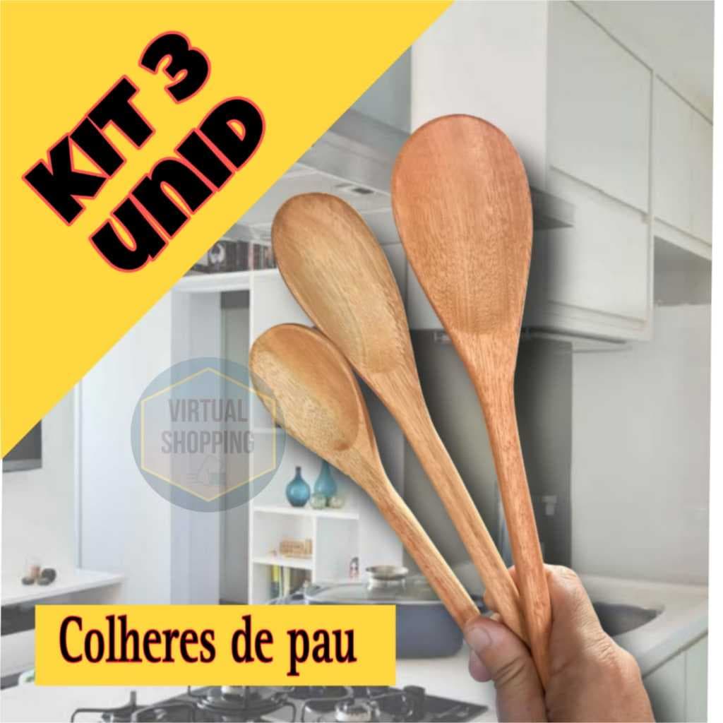 Kit 3 Colher de Pau Cabo Resistente Madeira Trio Utensílio Cozinha / colher de madeira com tamanhos diferenciados