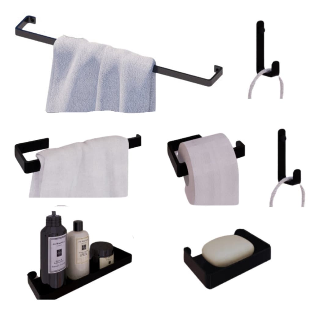 Kit Acessórios Para Banheiro De Parede Preto 7 Peças Jc