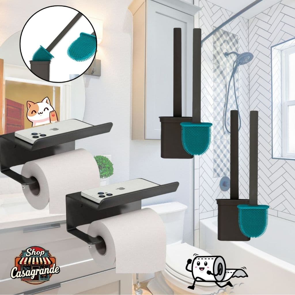 Suporte Papel Higiênico Aço Inox Premium e Escova Sanitária Banheiro Papeleira Siliconec Luxo