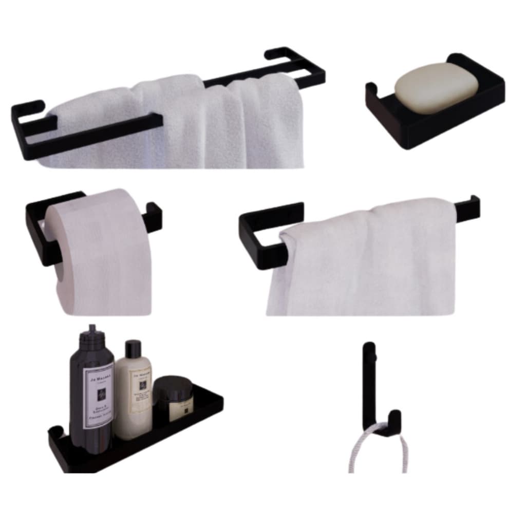 Kit Acessórios Banheiro Preto 6 Peças Porta Toalha Duplo Porta Papel Industrial