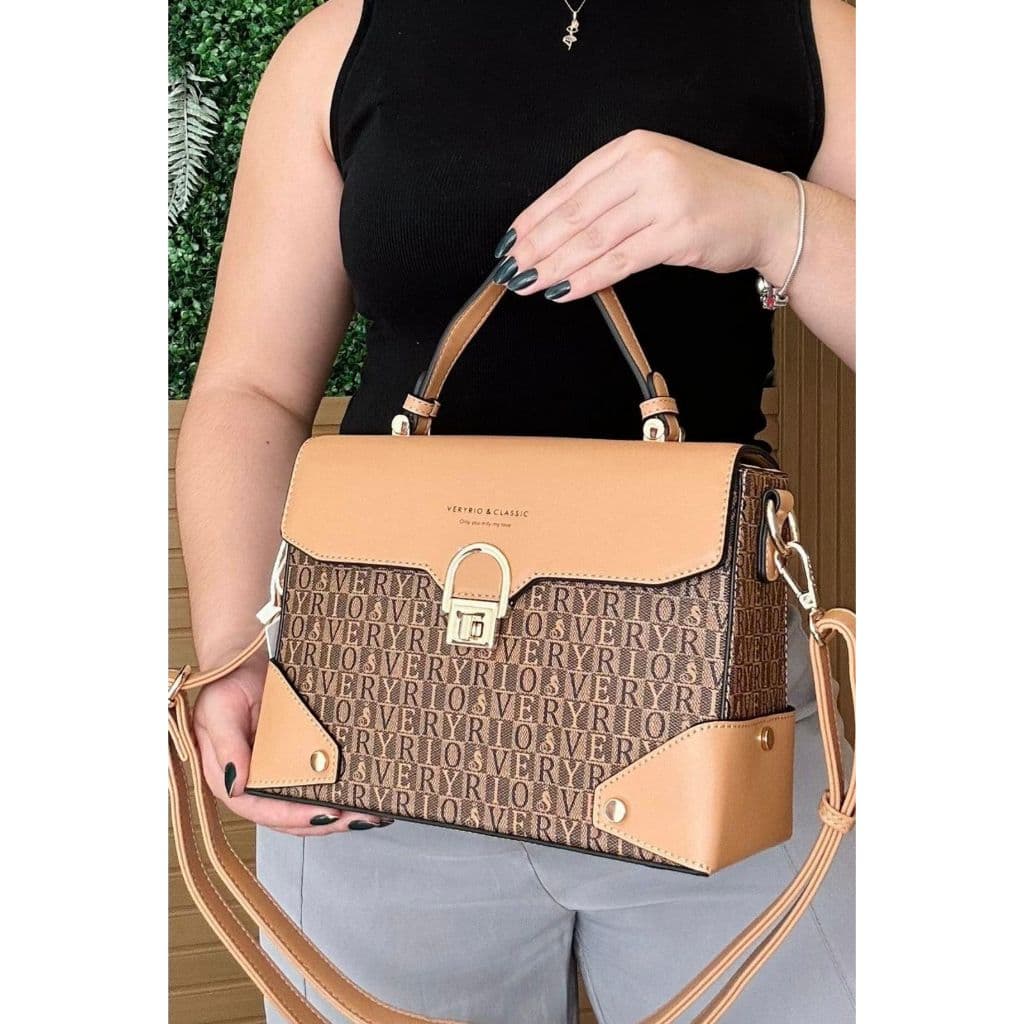 Bolsa Feminina Veryrio bau couro estampada detalhe cadeado dourado luxo e sofistica莽茫o al莽a m茫o e transverssal