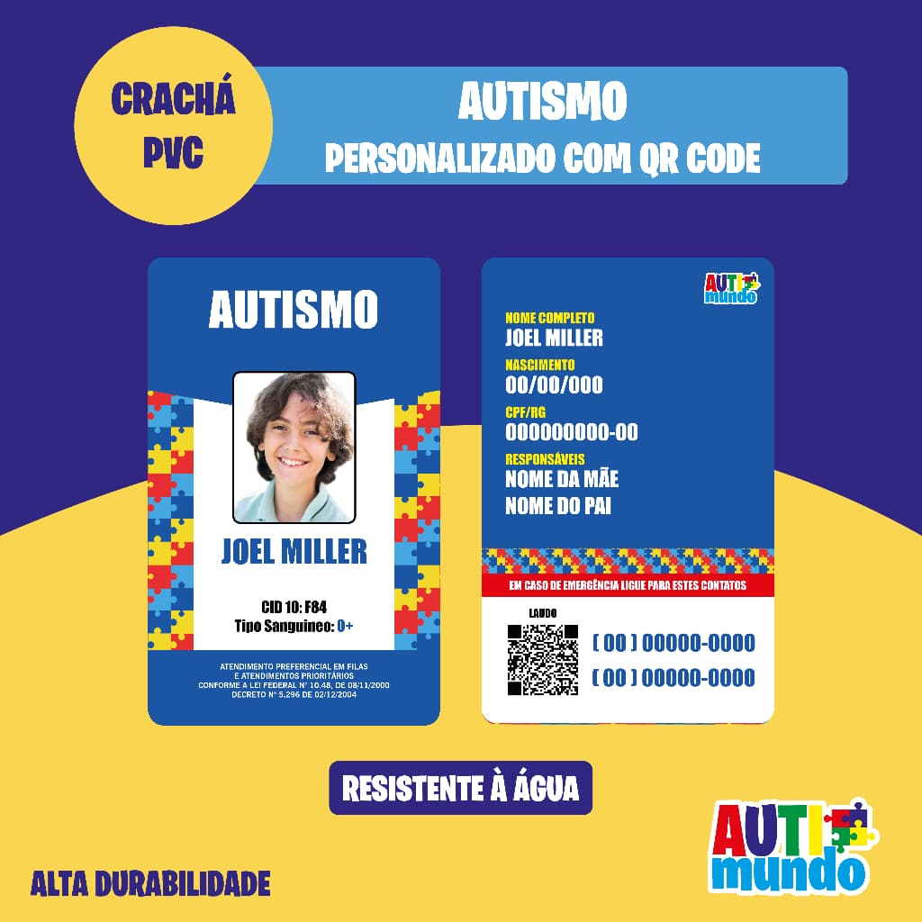 Crachá de Identificação Autismo Azul Modelo 2 (TEA  Deficiências Ocultas Girassol TDAH Fibromialgia)