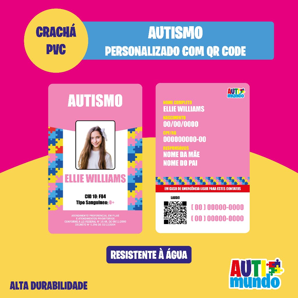 Crachá de Identificação Autismo RosaModelo 2 (TEA  Deficiências Ocultas Girassol TDAH Fibromialgia)