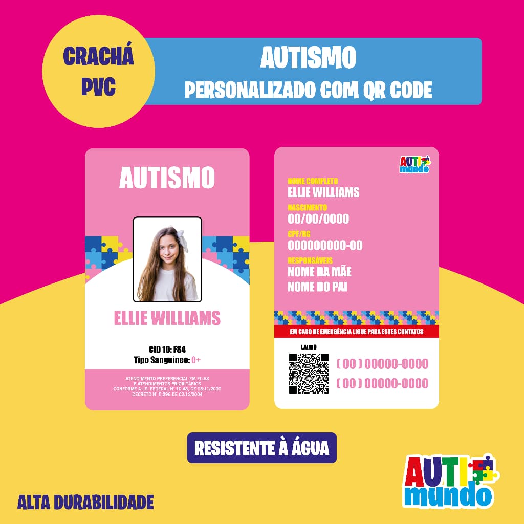 Crachá de Identificação Autismo ROSA Modelo 3 (TEA  Deficiências Ocultas Girassol TDAH Fibromialgia)