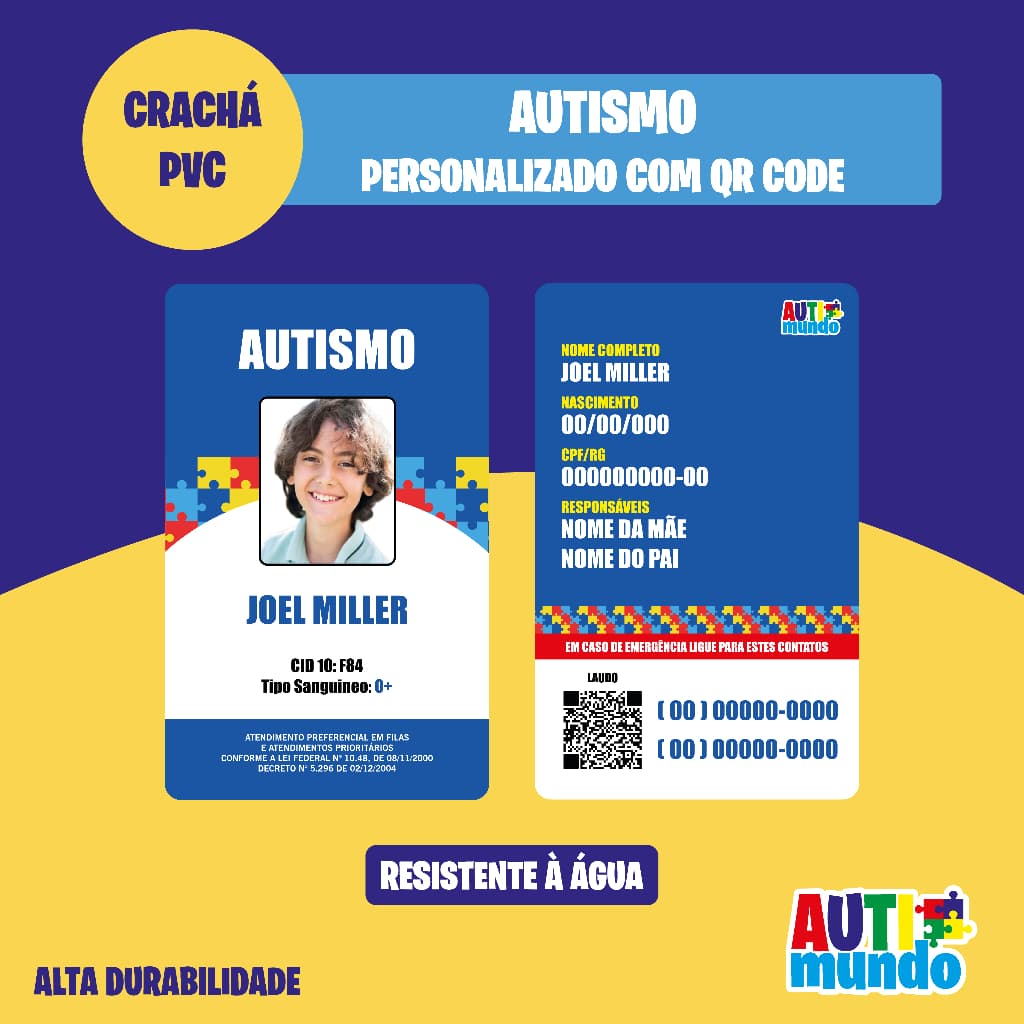 Crachá de Identificação Autismo AZULModelo 3 (TEA  Deficiências Ocultas Girassol TDAH Fibromialgia)