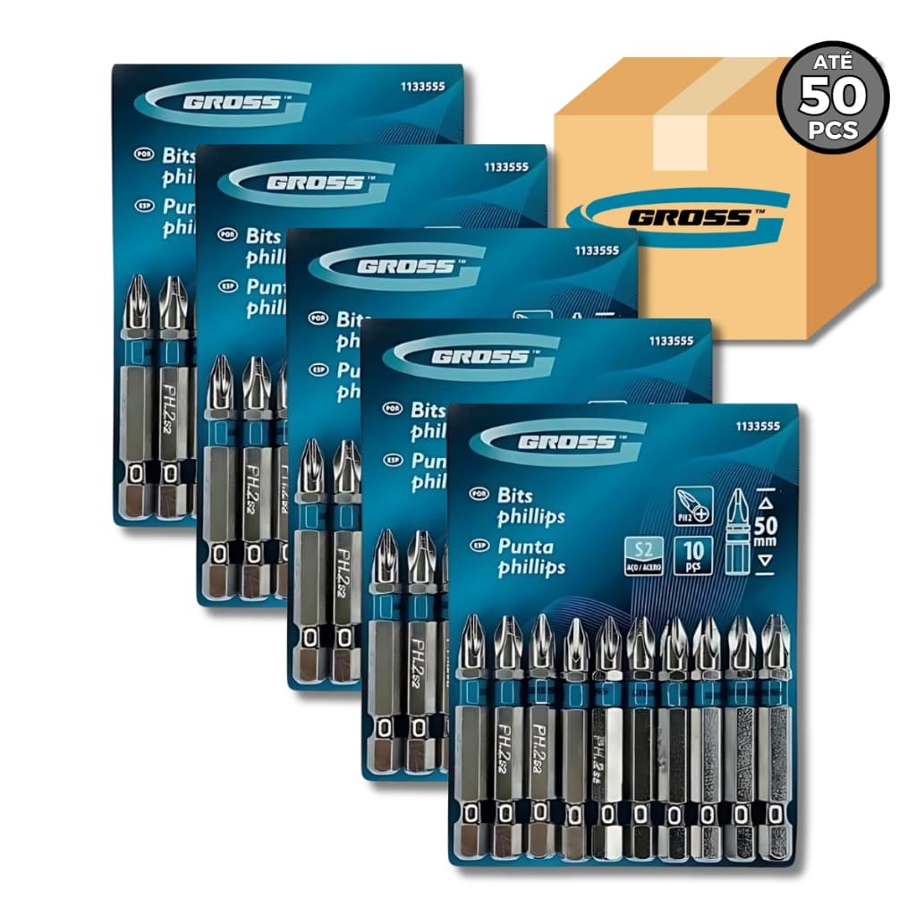 Kit Jogo de Bits PH2 Ponteira 50mm com Ímã – Gross 1133555 (10, 20, 30, 40 ou 50 Pcs)
