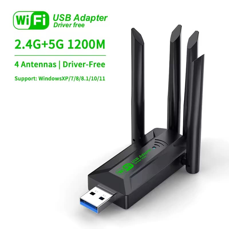 Adaptador Wifi USB Dual Band, 1200Mbps, 2.4G, 5Ghz, Dongle WiFi, 4 Antenas, 802.11AC, USB 3.0, Win 7, 8, 10, 11