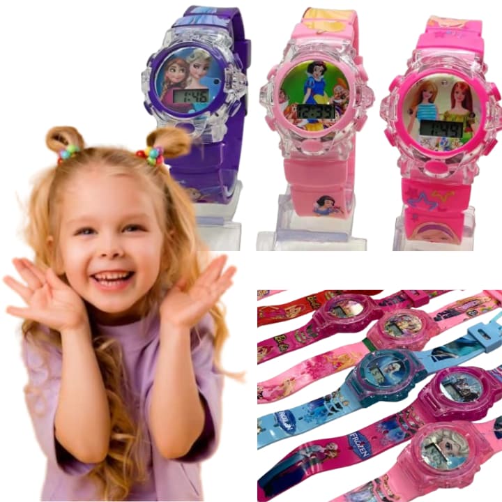 Relógio Infantil Menina Menino Kit Personagens Princesas Heróis Led Digital Silicone Luz