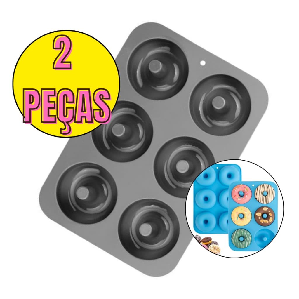 Kit 2 Forma de Silicone para Donuts E Rosquinhas 6 Cavidades De 26cm Resistente Antiaderente Formas