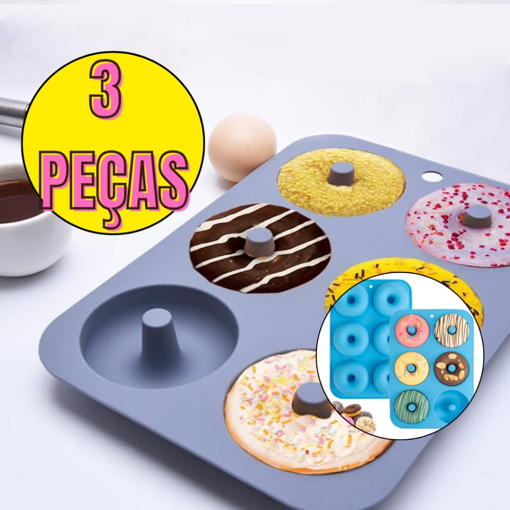 Kit 3 Forma de Silicone para Donuts E Rosquinhas 6 Cavidades De 26cm Resistente Antiaderente formas