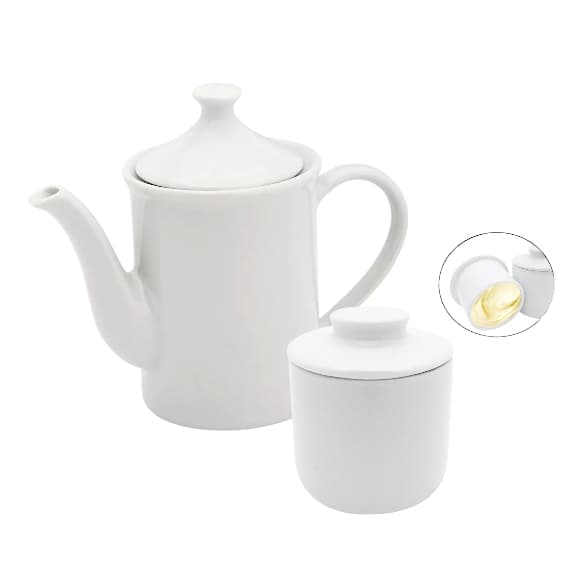 Bule 650ml + MAnteigueira Francesa em Porcelana Branca para Cantinho do Café