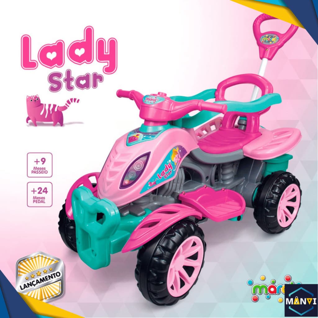Carrinho Quadriciclo Motoquinha Triciclo Infantil c/ Empurrador Menina Até 30kg
