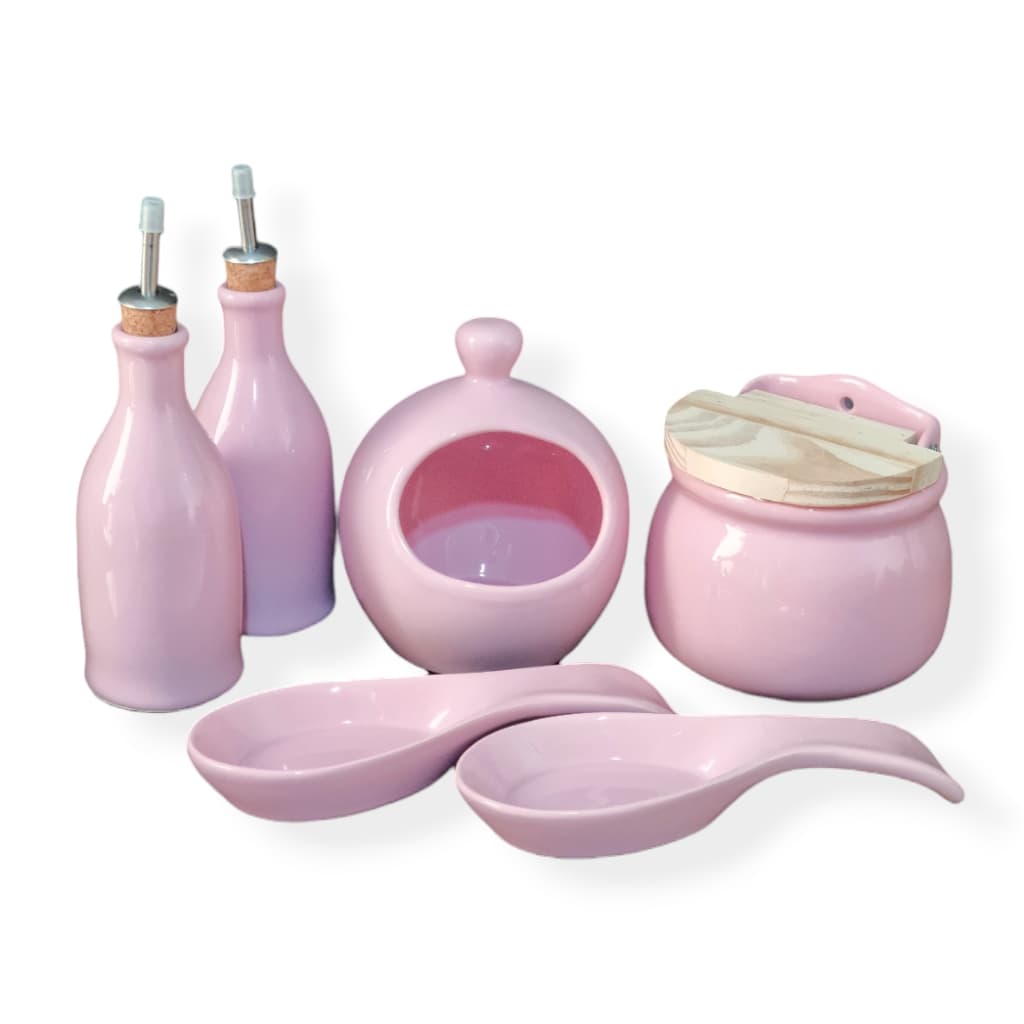 Kit Completo Cozinha Porta Azeite/Vinagre + Porta Alho + Saleiro + 2 Descanço de Talheres em Cerâmica Colorida