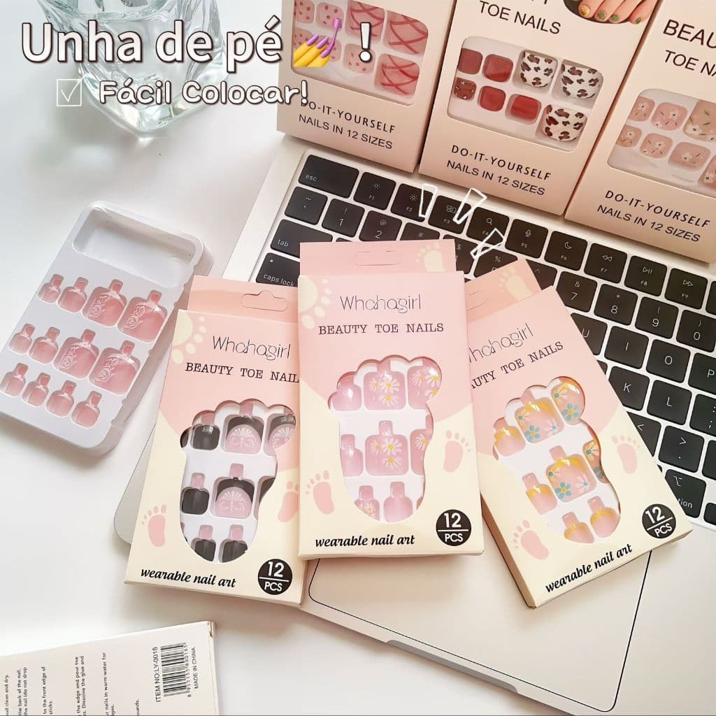 Kit 4 Caixinhas de Unhas Postiças para os Pés Lindas e Decoradas