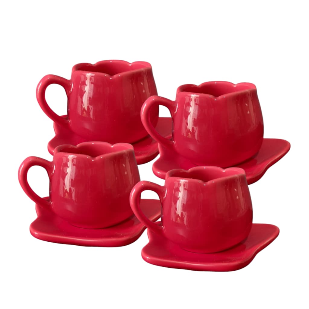 4 Xícaras Tulipa + 4 Pires Tulipa 200ml ou 80ml em Cerâmica Colorida para Cantinho do Café
