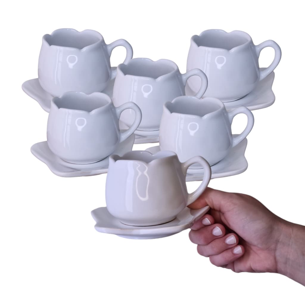 6 Xícaras Tulipa + 6 Pires Tulipa 200ml em Cerâmica Colorida para Cantinho do Café