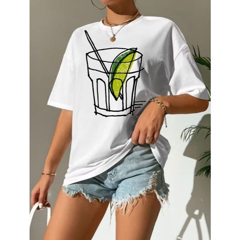Camiseta Básica Feminina Super Confortável Estampada Drink 100% Algodão Fio 30.1