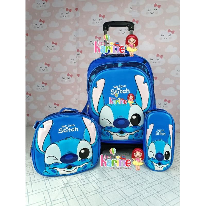 Kit Mochila Escolar STITCH LOVE COM RODINHA EM 3D modelo 2025 / KIT MOCHILA ESCOLAR INFANTIL  KIT MOCHILA