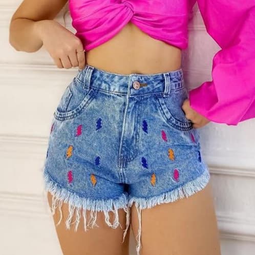 short jeans luxo feminino cintura alta curto sem lycra bordado hot pant luxo shorte