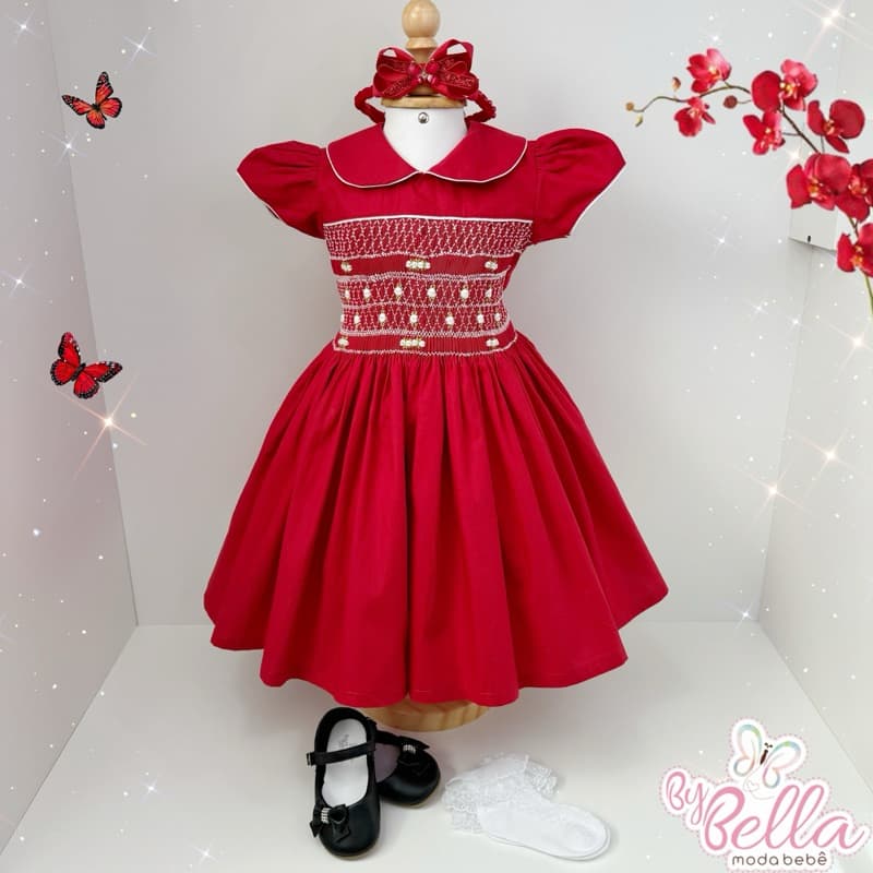 VESTIDO INFANTIL PONTO SMOK BORDADO FESTA NATAL MENINA CHARLOTE VERMELHO